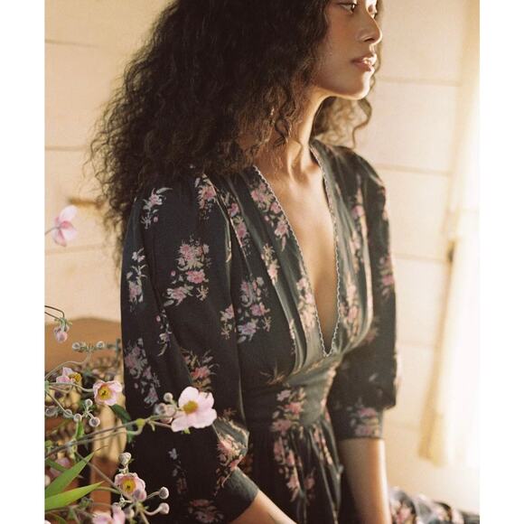 New Christy Dawn The Brigitte Dress Night Bouquet Black Flowers Maxi Small - Picture 2 of 16